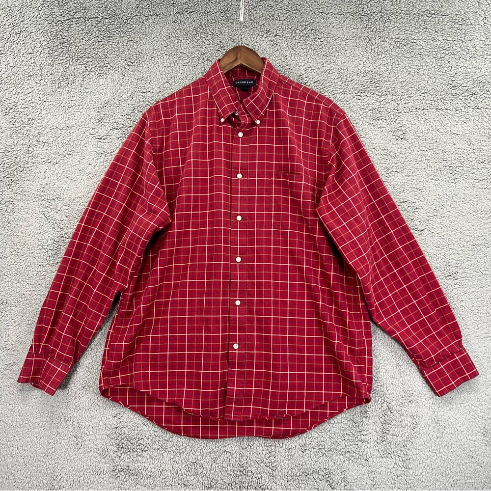 Lands' End Button Shirt Casual Dress Red Men Size 16 1/2 - 35 Large